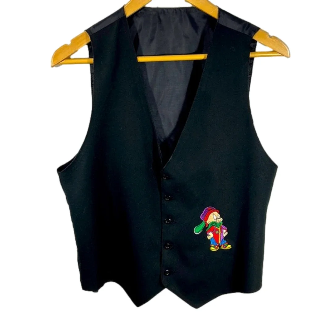 Vintage Warner Bros Looney Tunes Elmer Fudd Vest Black Embroidered Y2K - Picture 3 of 8
